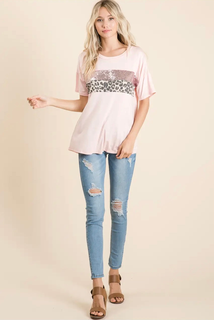 Animal Print Sequin Colour Block Top