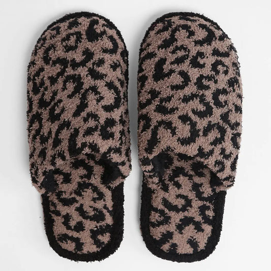 Fuzzy Leopard Slipper - Coffee