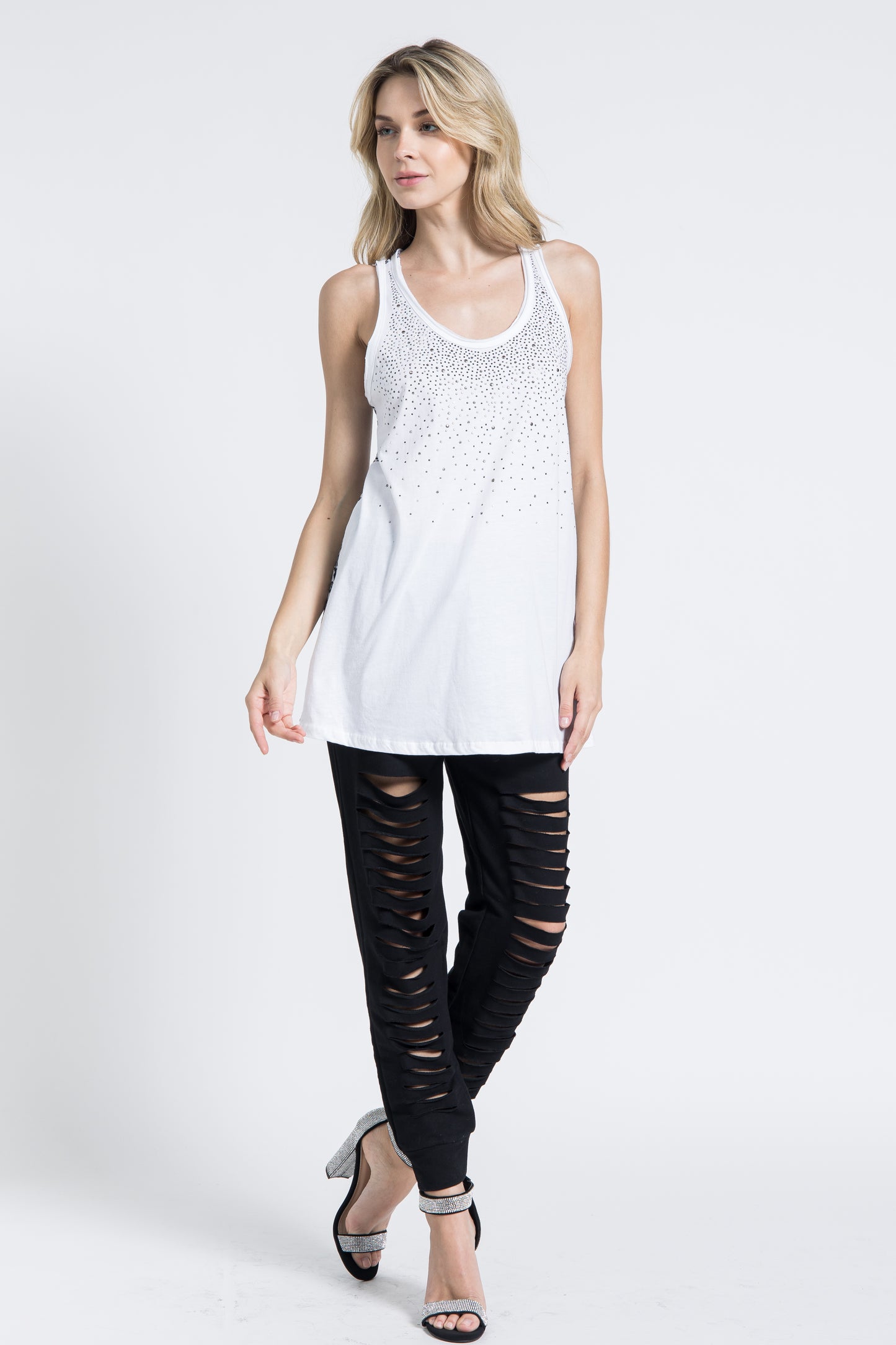 Rhinestone Printed Lace Back Tank