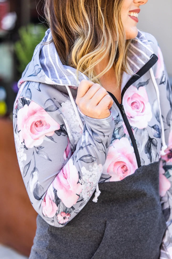 Gray Floral Half Zip Hoodie