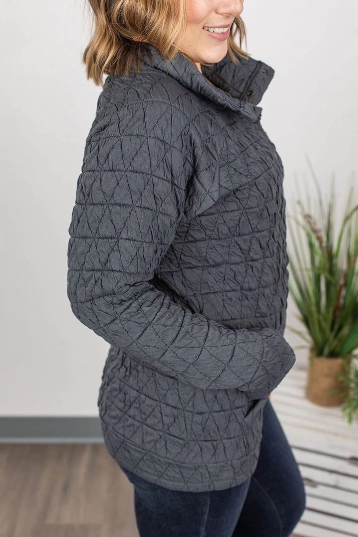 Quilted Snap Pullover - Charcoal