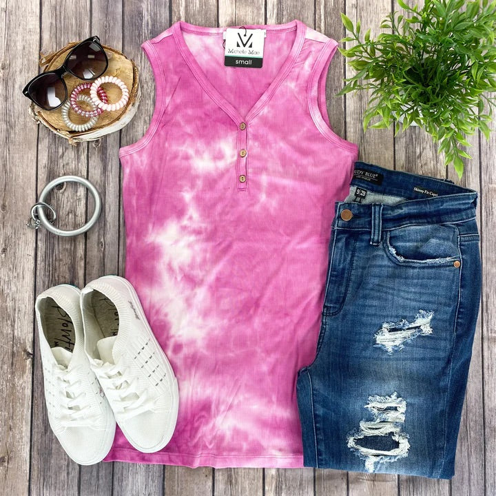 Pink Tie Dye Henley Tank