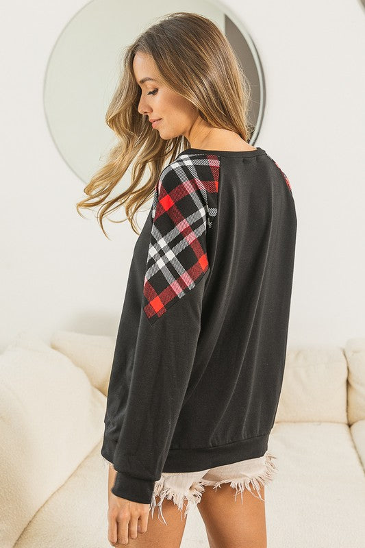 Festive Plaid Shoulder Accent Top