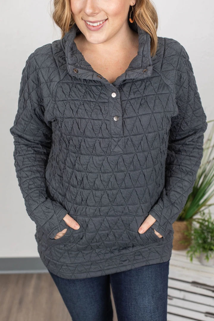 Quilted Snap Pullover - Charcoal
