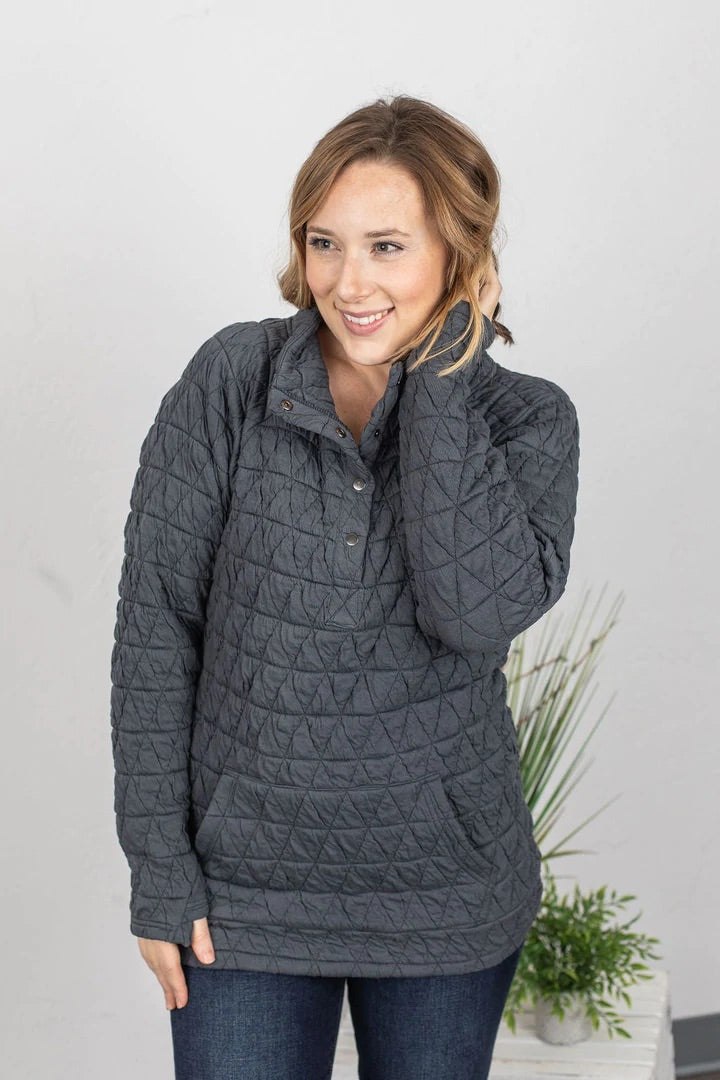 Quilted Snap Pullover - Charcoal