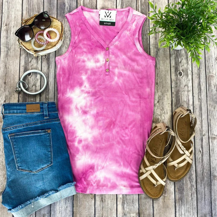 Pink Tie Dye Henley Tank