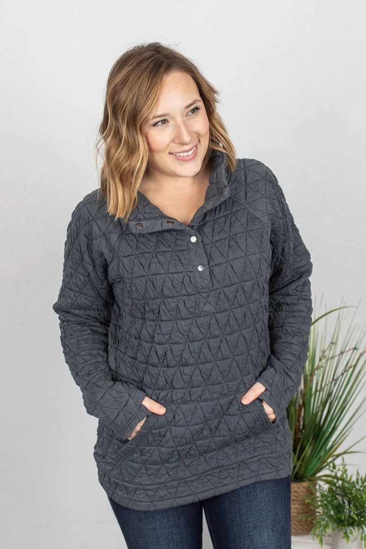 Quilted Snap Pullover - Charcoal