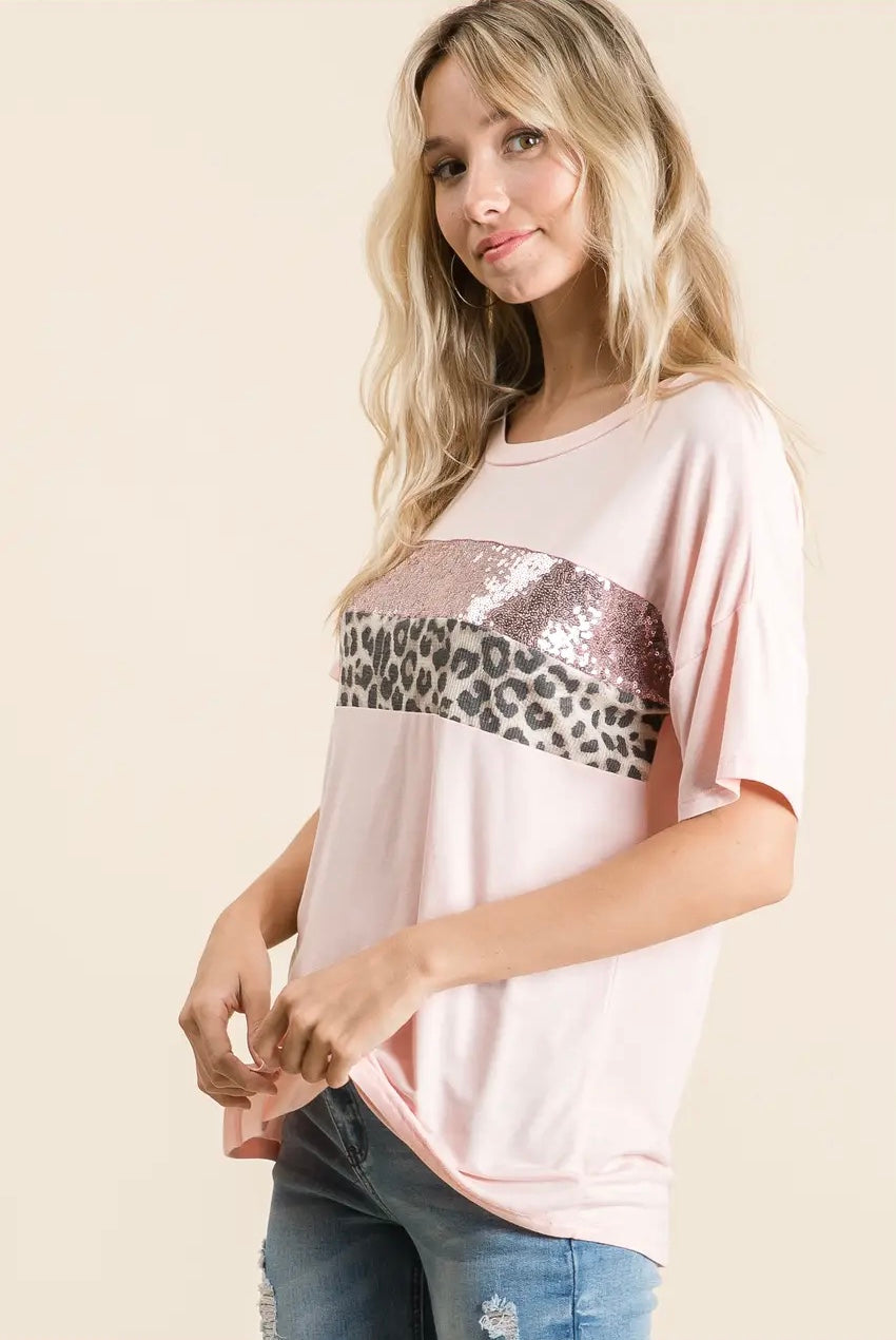 Animal Print Sequin Colour Block Top