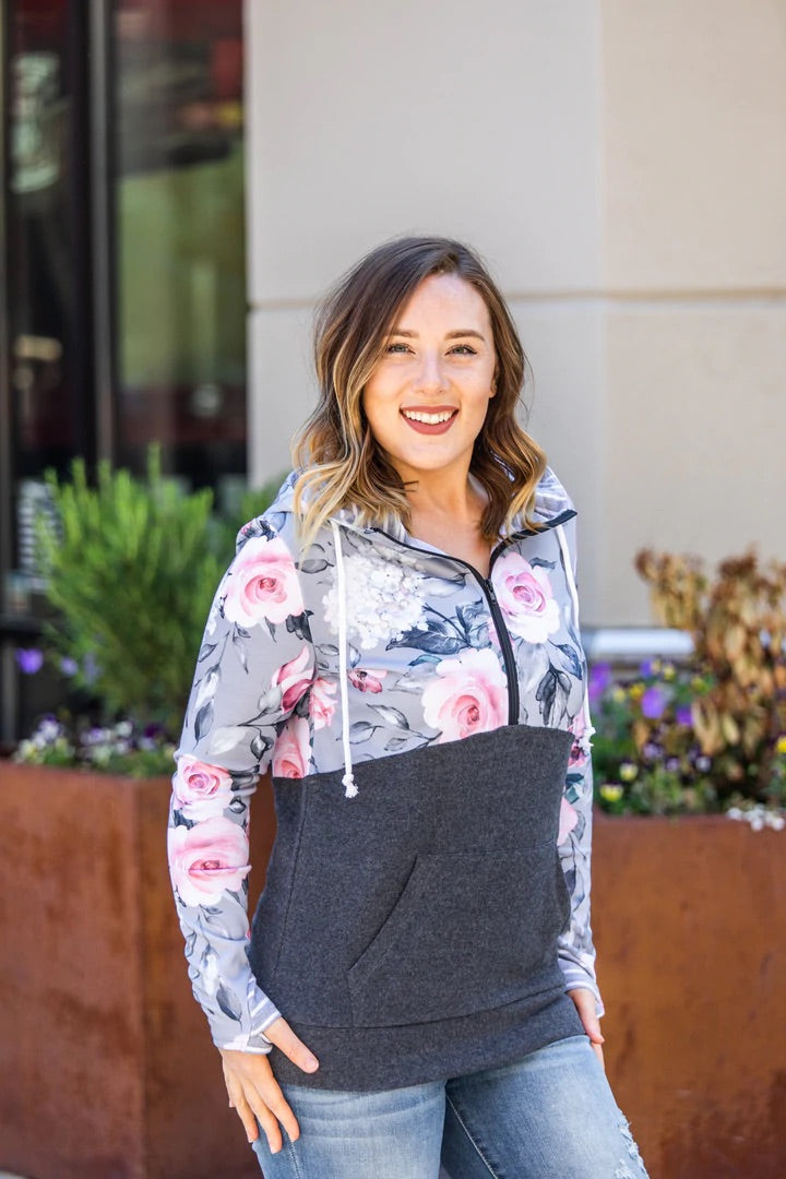 Gray Floral Half Zip Hoodie