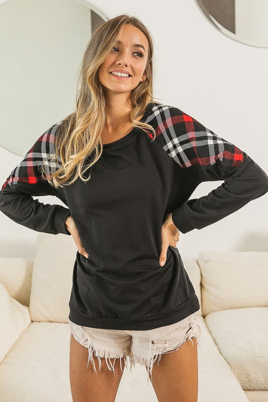 Festive Plaid Shoulder Accent Top