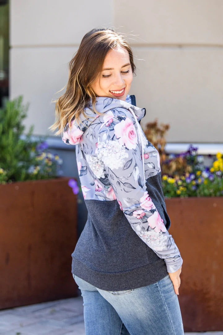Gray Floral Half Zip Hoodie