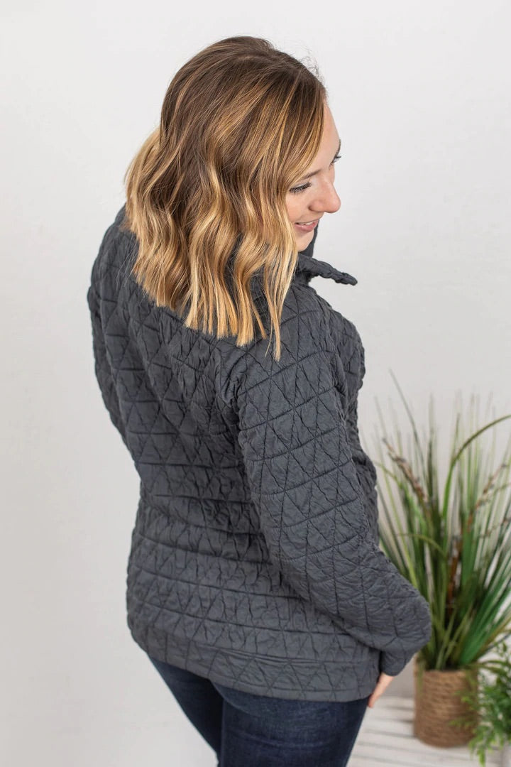 Quilted Snap Pullover - Charcoal