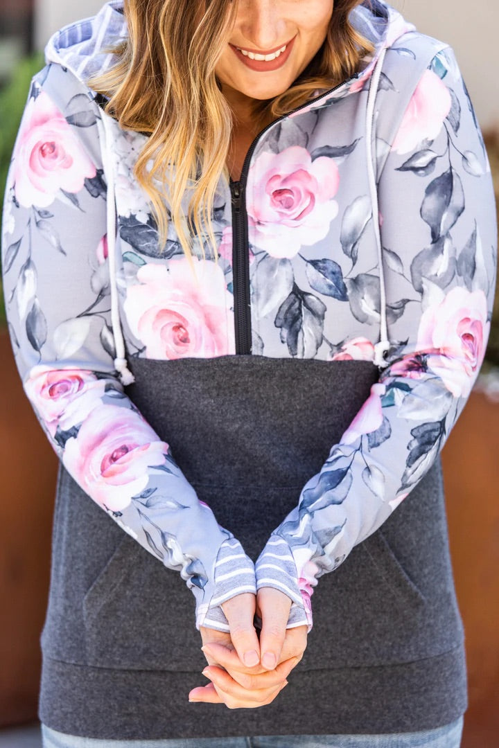 Gray Floral Half Zip Hoodie