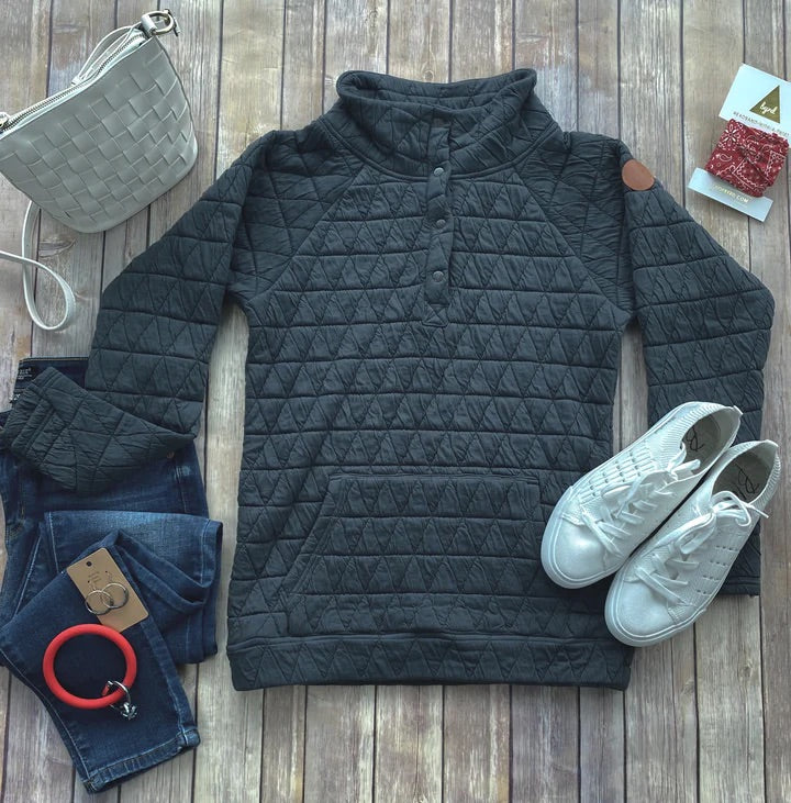 Quilted Snap Pullover - Charcoal
