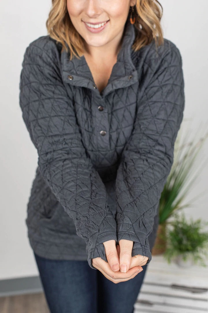 Quilted Snap Pullover - Charcoal