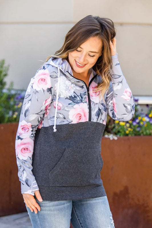 Gray Floral Half Zip Hoodie