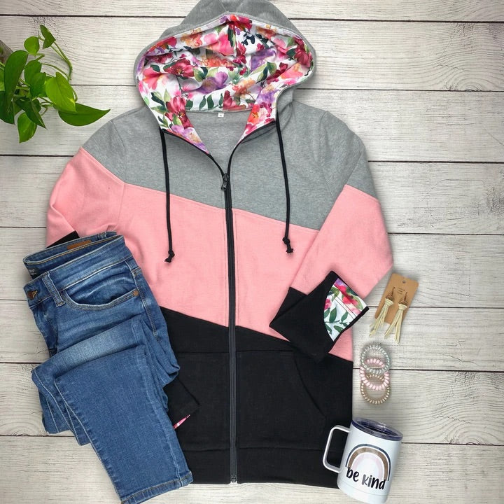Colourblock Full Zip - Floral Accent