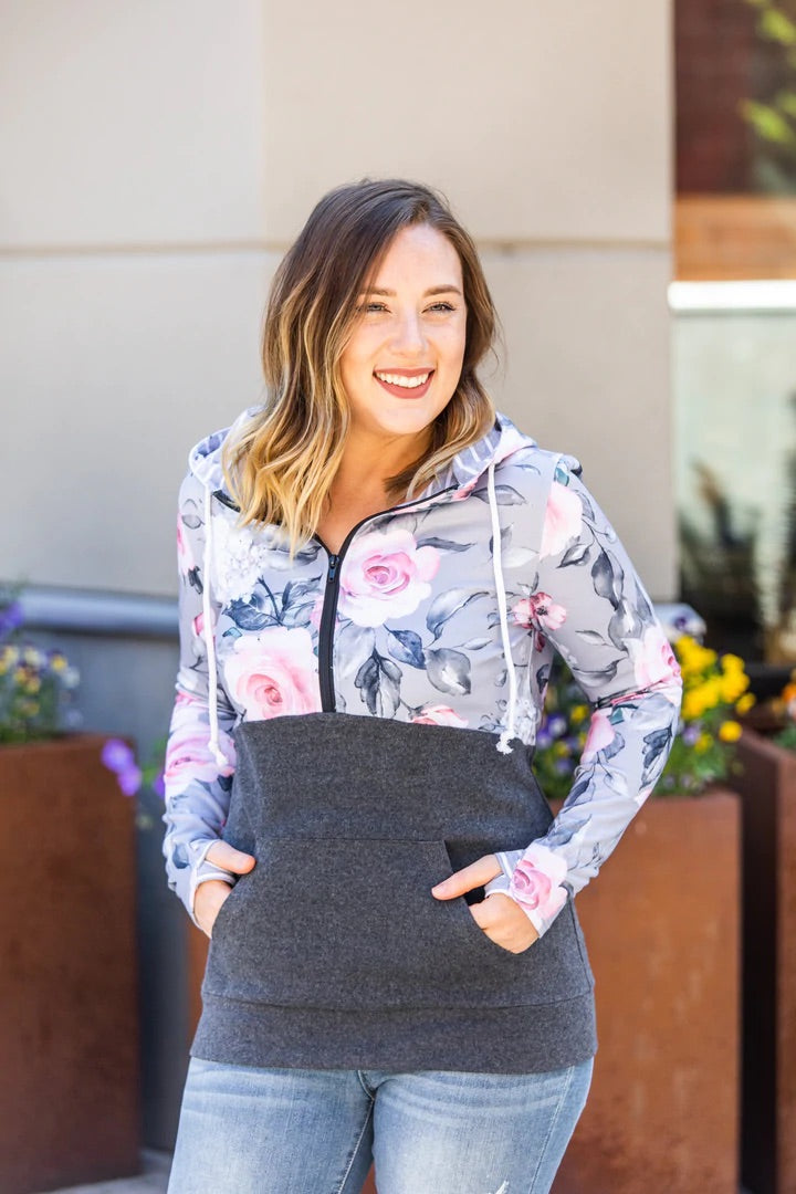 Gray Floral Half Zip Hoodie